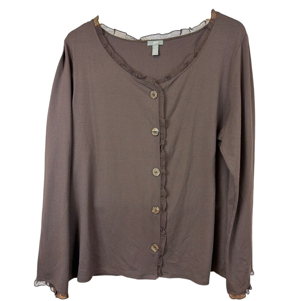 J Jill Brown Button Up Lace Accented Long Sleeve Top Size XL